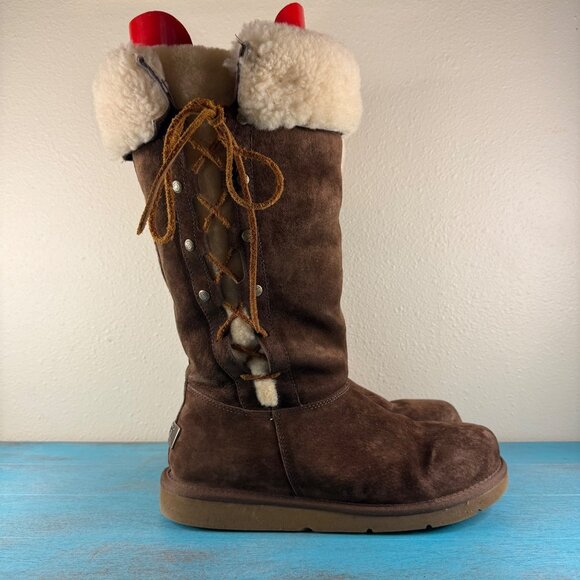 UGG Upside Shearling Cuff Winter Snow Boots Chestnut Leather 5163 Sz 10 - Picture 1 of 10